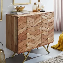 Massivholz Schubladenkommode 90cm Akazie Natur Kommode mit 3 Schubladen Sideboard Metall gold