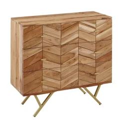 Massivholz Schubladenkommode 90cm Akazie Natur Kommode mit 3 Schubladen Sideboard Metall gold