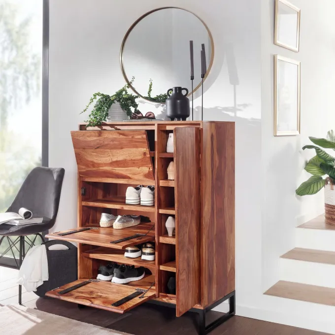 Massivholz Schuhschrank 90cm Sheesham Schuhkipper Schuhkommode für Garderobe Flur Schuhregal