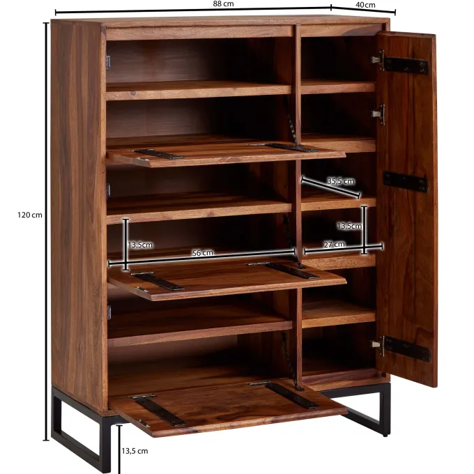 Massivholz Schuhschrank 90cm Sheesham Schuhkipper Schuhkommode für Garderobe Flur Schuhregal
