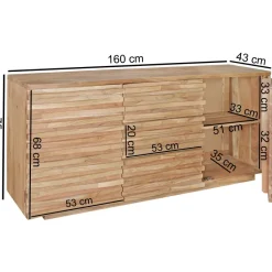 Massivholz Sideboard 160 Akazie Natur Kommode mit 2 Türen & 3 Schubladen Design Front