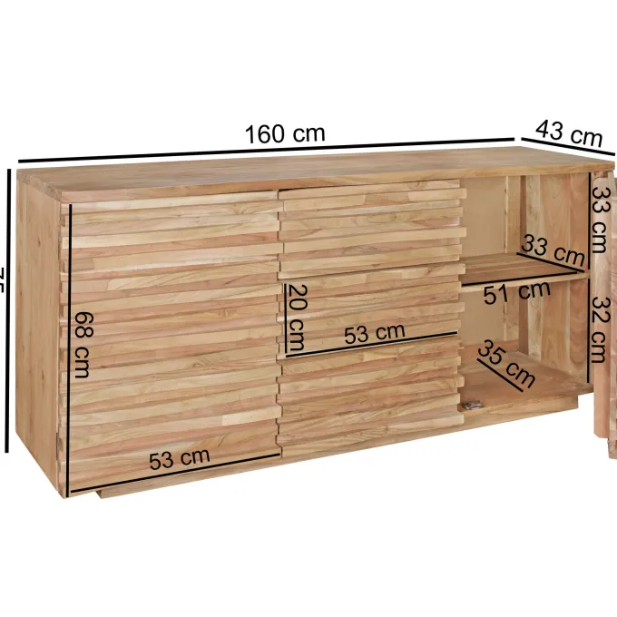 Massivholz Sideboard 160 Akazie Natur Kommode mit 2 Türen & 3 Schubladen Design Front