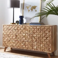 Massivholz Sideboard 140cm Akazie Natur Kommode mit 2 Türen & 3 Schubladen aufwendige Retro 3D Design Optik