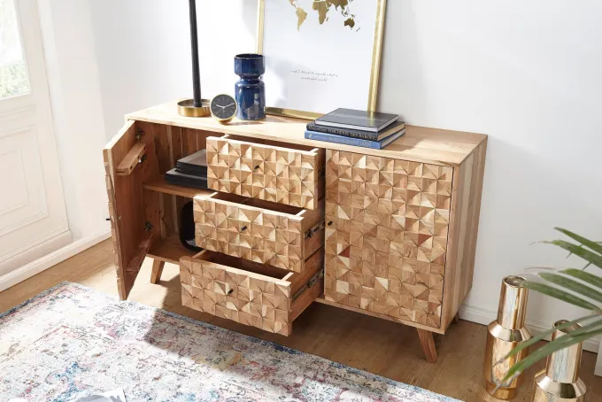 Massivholz Sideboard 140cm Akazie Natur Kommode mit 2 Türen & 3 Schubladen aufwendige Retro 3D Design Optik