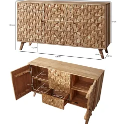 Massivholz Sideboard 140cm Akazie Natur Kommode mit 2 Türen & 3 Schubladen aufwendige Retro 3D Design Optik
