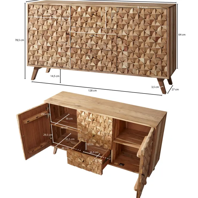 Massivholz Sideboard 140cm Akazie Natur Kommode mit 2 Türen & 3 Schubladen aufwendige Retro 3D Design Optik