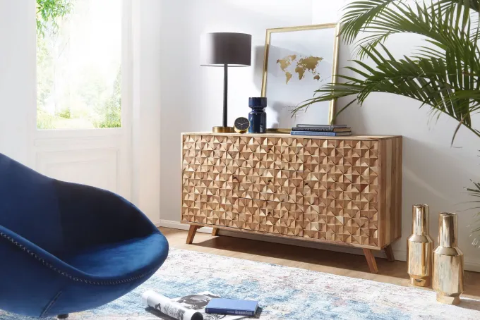 Massivholz Sideboard 140cm Akazie Natur Kommode mit 2 Türen & 3 Schubladen aufwendige Retro 3D Design Optik