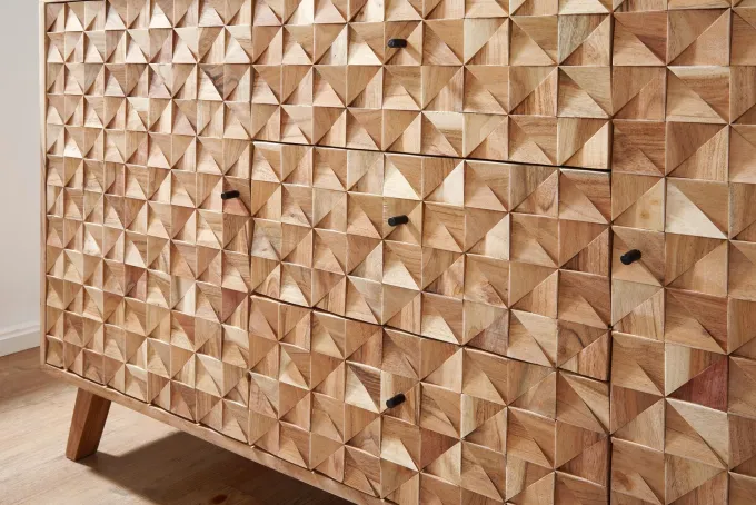 Massivholz Sideboard 140cm Akazie Natur Kommode mit 2 Türen & 3 Schubladen aufwendige Retro 3D Design Optik