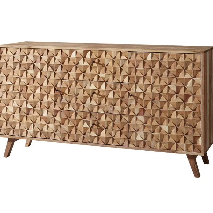 Massivholz Sideboard 140cm Akazie Natur Kommode mit 2 Türen & 3 Schubladen aufwendige Retro 3D Design Optik