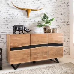 Massivholz Sideboard 150cm Akazie Natur Kommode mit 3 Türen Baumkante Metall schwarz