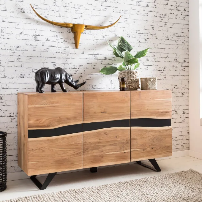 Massivholz Sideboard 150cm Akazie Natur Kommode mit 3 Türen Baumkante Metall schwarz
