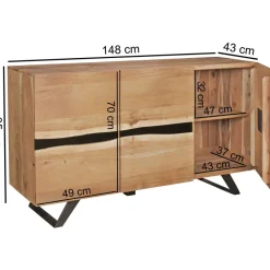 Massivholz Sideboard 150cm Akazie Natur Kommode mit 3 Türen Baumkante Metall schwarz