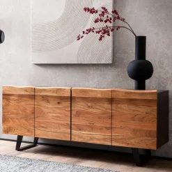 Massivholz Sideboard 180cm Akazie Kommode mit 4 Türen Baumkante Industrial Design Metall Schwarz