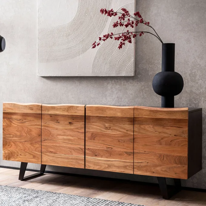 Massivholz Sideboard 180cm Akazie Kommode mit 4 Türen Baumkante Industrial Design Metall Schwarz