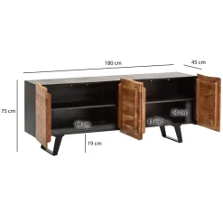 Massivholz Sideboard 180cm Akazie Kommode mit 4 Türen Baumkante Industrial Design Metall Schwarz