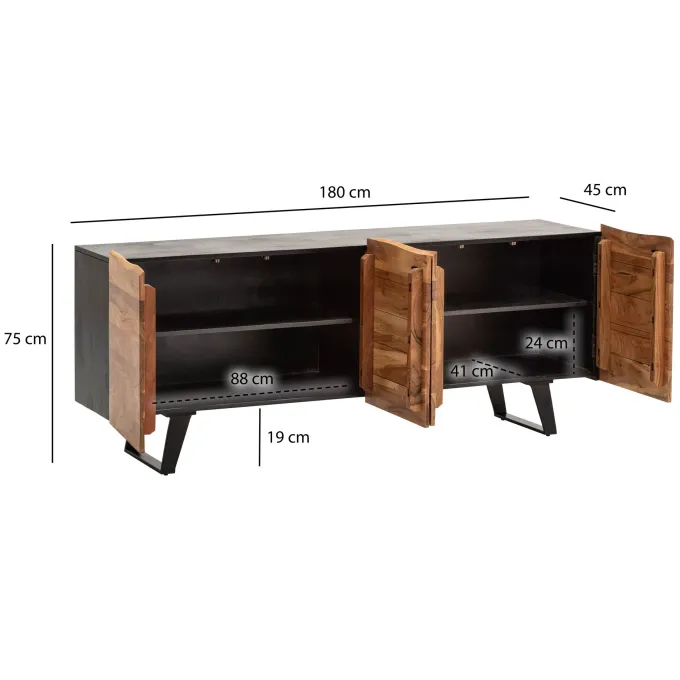 Massivholz Sideboard 180cm Akazie Kommode mit 4 Türen Baumkante Industrial Design Metall Schwarz