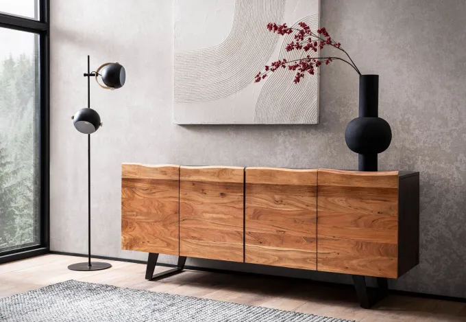 Massivholz Sideboard 180cm Akazie Kommode mit 4 Türen Baumkante Industrial Design Metall Schwarz