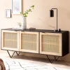 Massivholz Sideboard 175cm Mango Design Kommode mit 3 Rattan Wiener Geflecht Türen Schwarz
