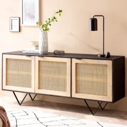 Massivholz Sideboard 175cm Mango Design Kommode mit 3 Rattan Wiener Geflecht Türen Schwarz