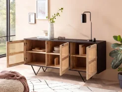 Massivholz Sideboard 175cm Mango Design Kommode mit 3 Rattan Wiener Geflecht Türen Schwarz