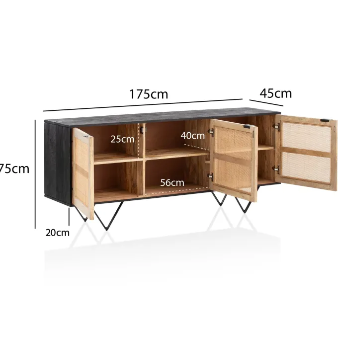 Massivholz Sideboard 175cm Mango Design Kommode mit 3 Rattan Wiener Geflecht Türen Schwarz