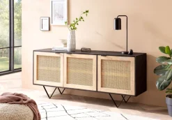 Massivholz Sideboard 175cm Mango Design Kommode mit 3 Rattan Wiener Geflecht Türen Schwarz