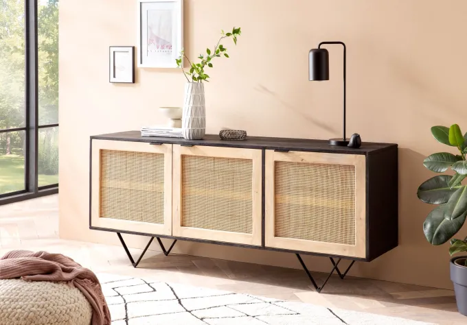 Massivholz Sideboard 175cm Mango Design Kommode mit 3 Rattan Wiener Geflecht Türen Schwarz