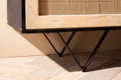 Massivholz Sideboard 175cm Mango Design Kommode mit 3 Rattan Wiener Geflecht Türen Schwarz