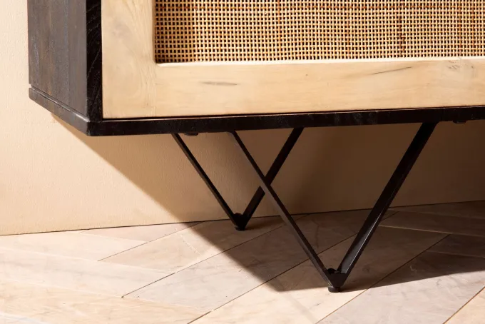 Massivholz Sideboard 175cm Mango Design Kommode mit 3 Rattan Wiener Geflecht Türen Schwarz