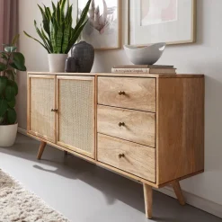 Massivholz Sideboard 140cm Mango Design Kommode mit 3 Rattan Schubladen Wiener Geflecht & 2 Türen