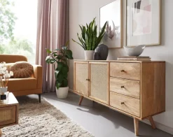 Massivholz Sideboard 140cm Mango Design Kommode mit 3 Rattan Schubladen Wiener Geflecht & 2 Türen