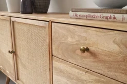 Massivholz Sideboard 140cm Mango Design Kommode mit 3 Rattan Schubladen Wiener Geflecht & 2 Türen