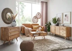 Massivholz Sideboard 140cm Mango Design Kommode mit 3 Rattan Schubladen Wiener Geflecht & 2 Türen