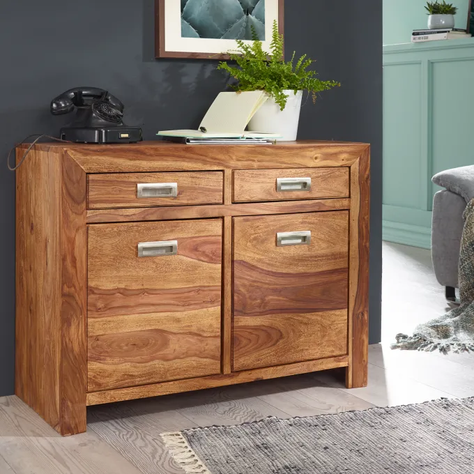 Massivholz Sideboard 90cm Sheesham Kommode mit 2 Türen & 2 Schubladen Landhaus Style