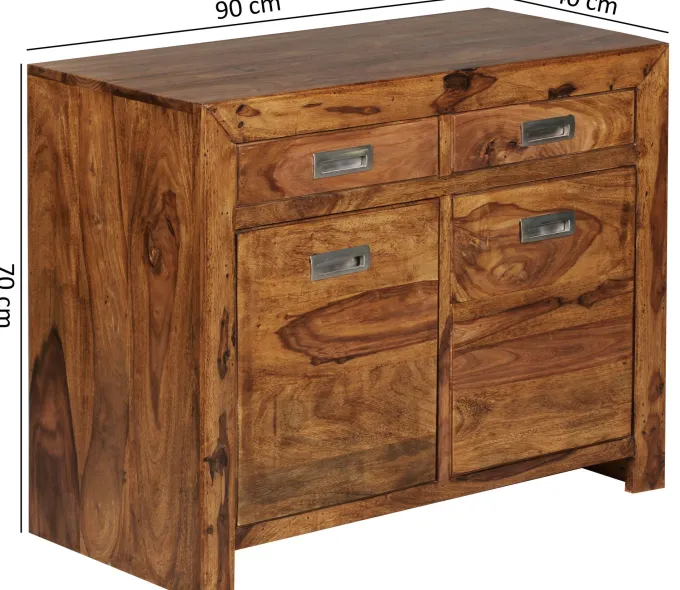 Massivholz Sideboard 90cm Sheesham Kommode mit 2 Türen & 2 Schubladen Landhaus Style