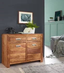 Massivholz Sideboard 90cm Sheesham Kommode mit 2 Türen & 2 Schubladen Landhaus Style