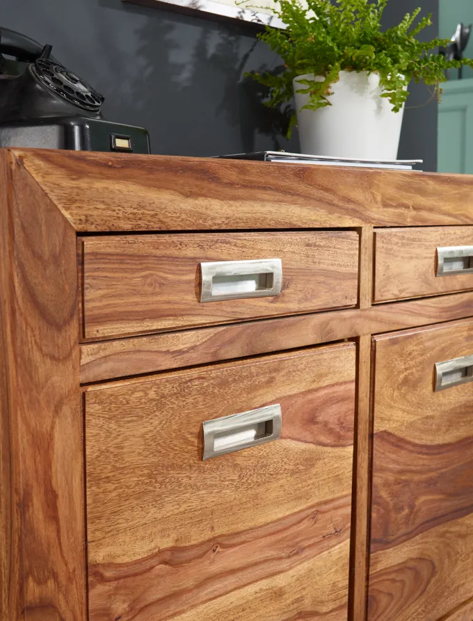 Massivholz Sideboard 90cm Sheesham Kommode mit 2 Türen & 2 Schubladen Landhaus Style