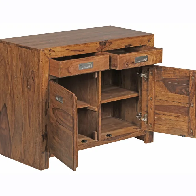 Massivholz Sideboard 90cm Sheesham Kommode mit 2 Türen & 2 Schubladen Landhaus Style