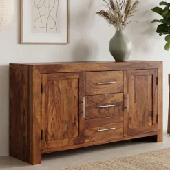 Massivholz Sideboard 120cm Sheesham Kommode mit 2 Türen & 3 Schubladen Modernes Design