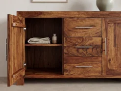 Massivholz Sideboard 120cm Sheesham Kommode mit 2 Türen & 3 Schubladen Modernes Design