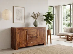 Massivholz Sideboard 120cm Sheesham Kommode mit 2 Türen & 3 Schubladen Modernes Design