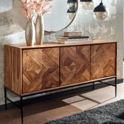 Massivholz Sideboard 120cm Sheesham Natur Design Kommode mit 3 Türen Metall schwarz