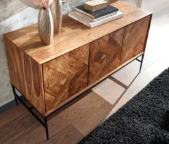 Massivholz Sideboard 120cm Sheesham Natur Design Kommode mit 3 Türen Metall schwarz