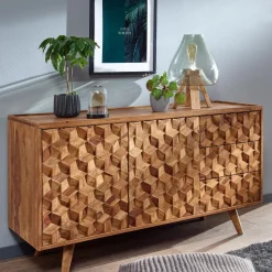 Massivholz Sideboard 140cm Sheesham Natur Kommode mit 2 Türen & 3 Schubladen Retro Design