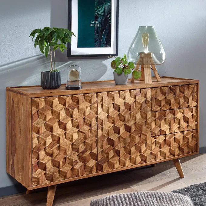 Massivholz Sideboard 140cm Sheesham Natur Kommode mit 2 Türen & 3 Schubladen Retro Design