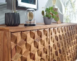 Massivholz Sideboard 140cm Sheesham Natur Kommode mit 2 Türen & 3 Schubladen Retro Design