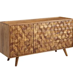 Massivholz Sideboard 140cm Sheesham Natur Kommode mit 2 Türen & 3 Schubladen Retro Design