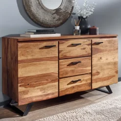 Massivholz Sideboard 145cm Sheesham Design Kommode mit 2 Türen & 3 Schubladen Baumkante