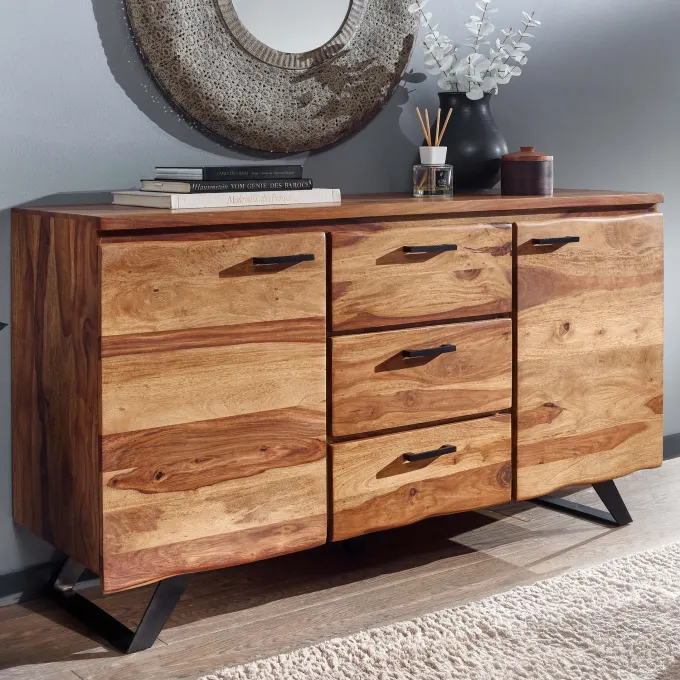 Massivholz Sideboard 145cm Sheesham Design Kommode mit 2 Türen & 3 Schubladen Baumkante