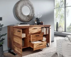 Massivholz Sideboard 145cm Sheesham Design Kommode mit 2 Türen & 3 Schubladen Baumkante